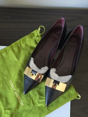Tory Burch Black Pointed Toe Flats with Gold Logo Plate